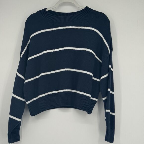 Hollister Women’s Easy Crew Sweater Navy Blue White Striped Size S - Picture 2 of 9